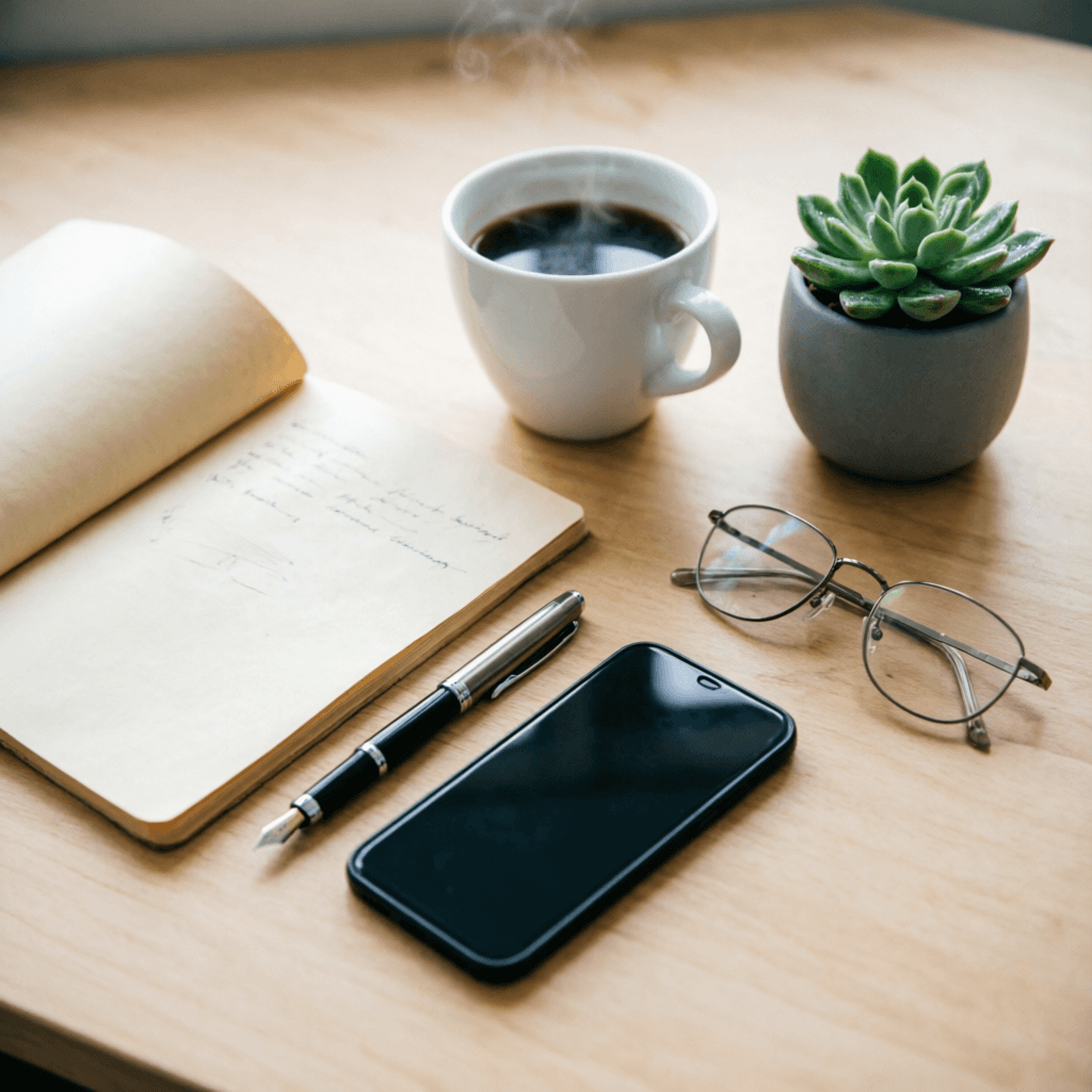 Escritorio modular de periodista con libreta y café